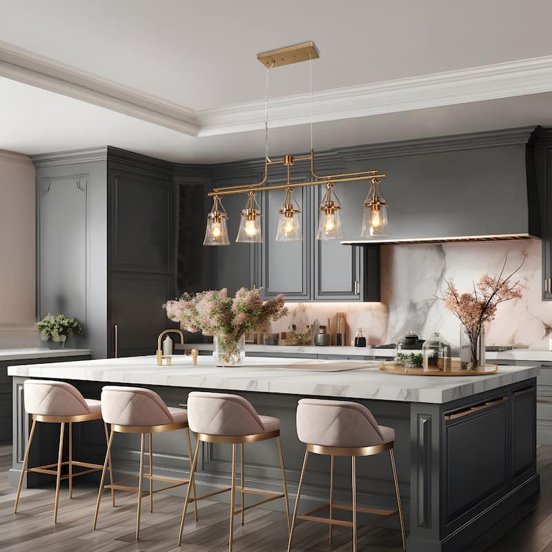 Haye Modern Gold Brass 5-Light Chandelier Seeded Glass Kitchen Island Lights for Dining Room - L37.8" x W 5.3" x H16.5"