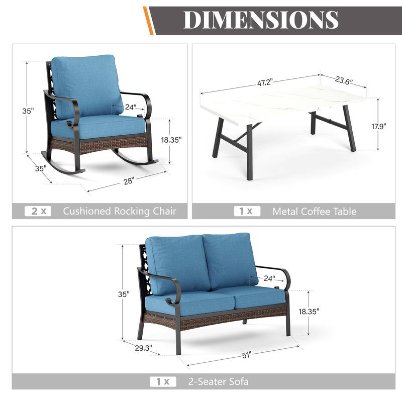 MAISON ARTS 4-Seat Patio Conversation Sets with 2 Rocking Sofa Chairs, 1 Loveseat Sofa and 1 Coffee Table