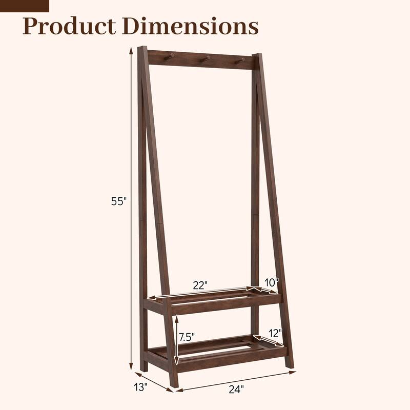 Gymax Rubber Wood Garment Rack w/3 Hooks & 2 Shelves for Entryway