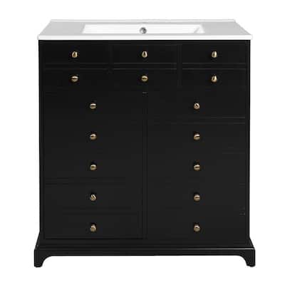Freestanding Bathroom Vanity Set with Ceramic Sink – Solid Wood Storage Cabinet Featuring 2 Soft-Close Drawers in Black