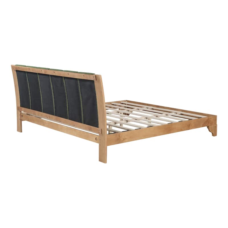Pine Wood Bed Frame Mid Century Modern Platform Bed with Green Upholstered Headboard, Wood Slat Support Low Profile Wingback Bed