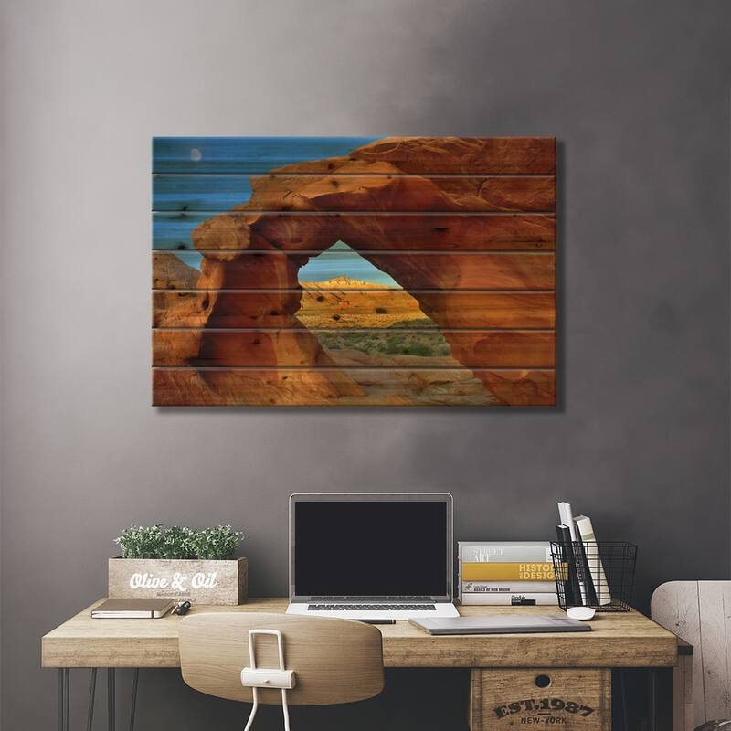 Arch Rock And Moon, Valley Of Fire State Park, Nevada Print On Wood by Tim Fitzharris - Multi-Color