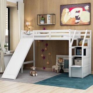 Twin Pine Loft Bed with Slide, Stairs, and Storage Compartments - Perfect for Children's Bedrooms