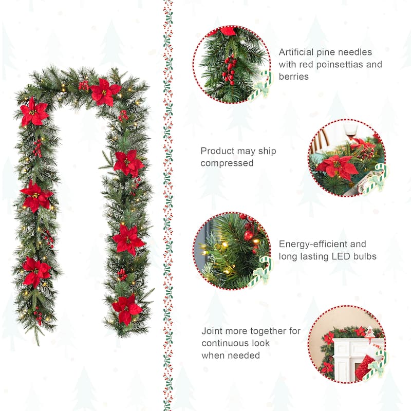Glitzhome 9ft Pre-Lit Greenery Pine Berries Christmas Garland with Timer