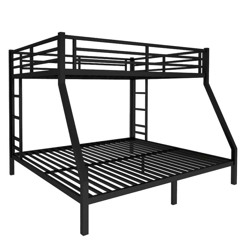 Space-Saving Queen Over King Bunk Bed for Teens and Adults with Double Ladder, Safety Guardrails and Noise Reduced