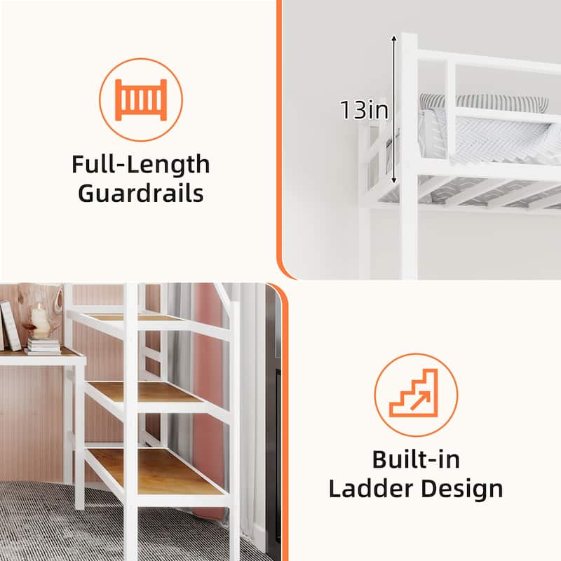 Roomfitters Loft Bed with L-Shaped Desk, Stairs and Storage, Metal Frame with Guardrails, Space-Saving Design