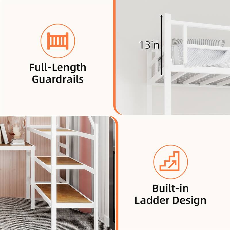 Twin Metal Loft Bed with L-Shaped Desk, Storage Stairs, 360掳 Guardrails, Shelves & Pegboard, Space-Saving Design