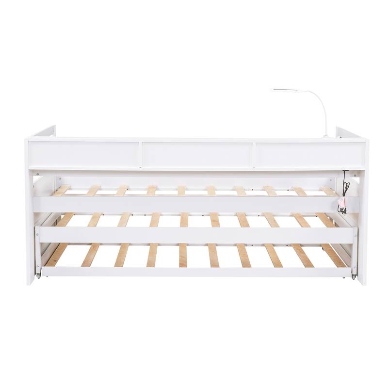 Wooden Bed Frame, Twin XL Daybed Bed w/2 Pull-out Trundles Bed, 3 Storage Cubbies and USB Charging Design for Bedroom, Apartment