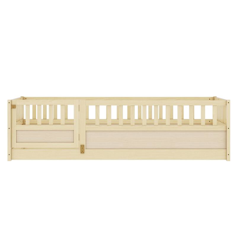 Floor Bed Pine Wood Bed Frame with Fence and Door Easy Assembly