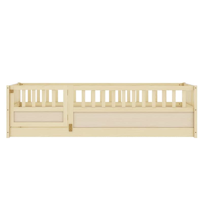 Twin Size Pine Wood Floor Bed, Integral Construction with Super High Security Barrier, Door, Children's Floor Bed Frame