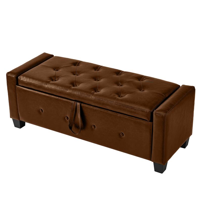 Tufted Faux Leather Storage Ottoman Bench for Bedroom, Living Room & Hallway, 48" Multifunctional Upholstered End of Bed Bench