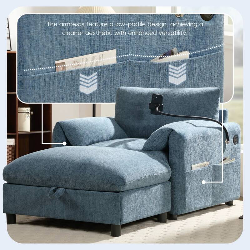 38" Chenille Single Sofa with Storage Ottoman, USB Charger, Side Storage Pockets, Pillow-like Armrests