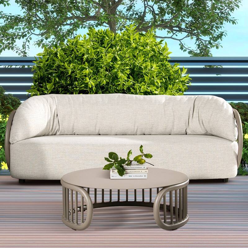 Harper 34.5" Aluminum Patio Round Coffee Table - Taupe Grey