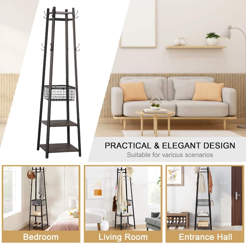 Javlergo 72" Standing Coat Rack with 8 Dual Hooks Hall Tree with Metal Grid for Small Space Entryway Living Room Organizer