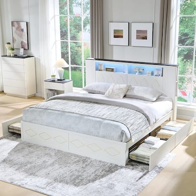 Modern Queen Size Wood Bed Frame with Charging Station and LED Lights