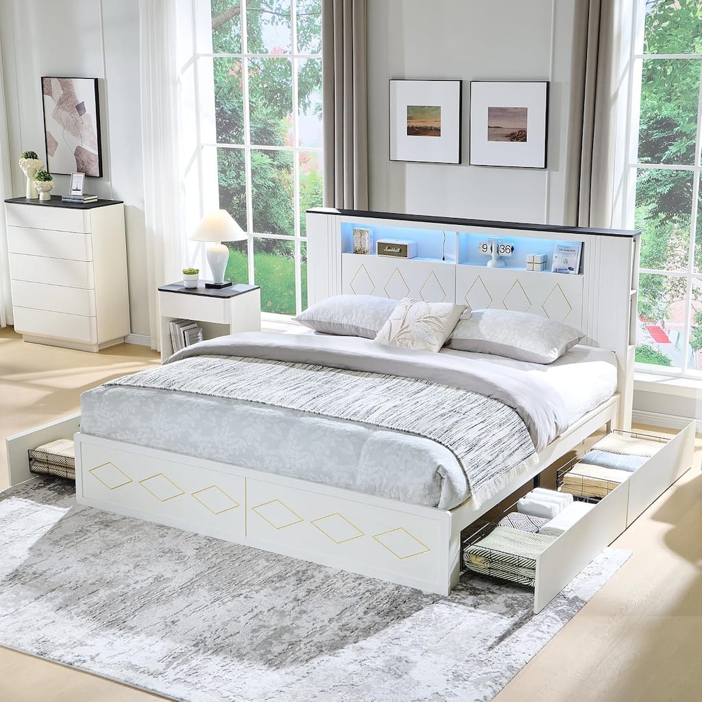 Modern Queen Size Wood Bed Frame with Charging Station and LED Lights