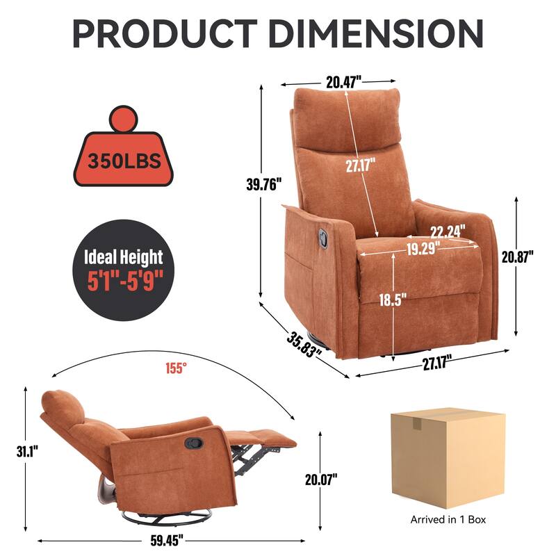 Heat Massage Manual Recliner Chair, 360° Swivel Glider Fabric Rocker