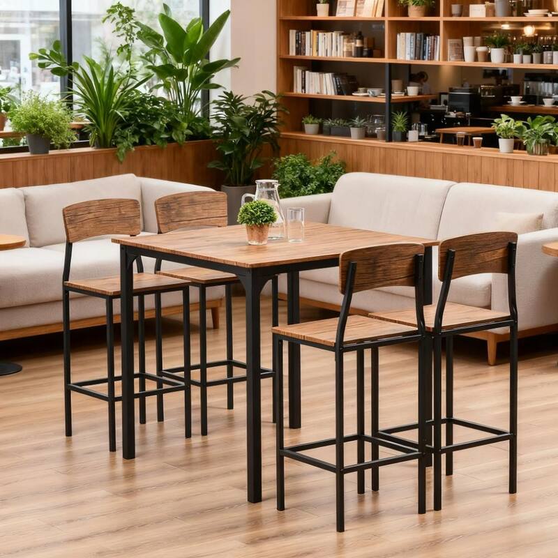 Black Walnut Counter Height Bar Table with Metal Legs, Industrial Bar Chaira Dining Chairs with Metal Legs