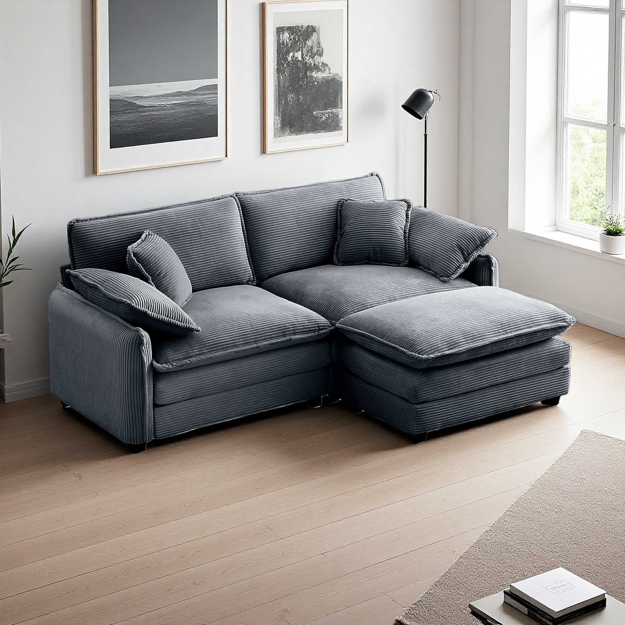 81" Corduroy L-Shaped Modular Sectional Sofa with 1 Ottoman (2-Seater)