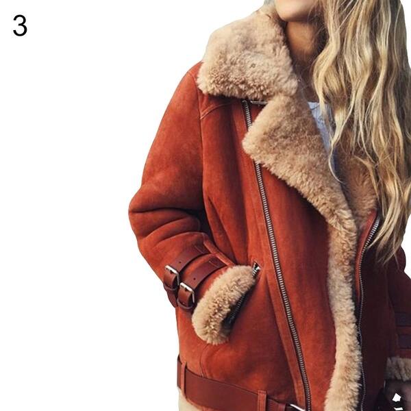 Shop Winter Suede Faux Fur Lapel Buckle Strap Long Sleeve Women