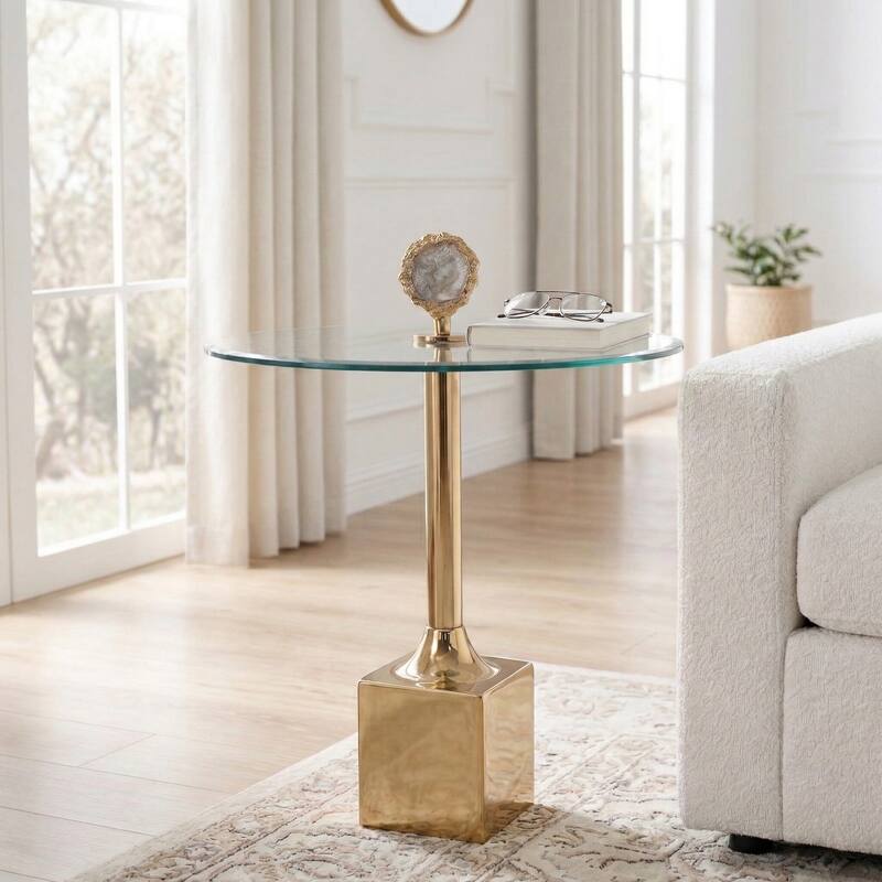 Accent Side Table with Glass Top and Sculptural Base - 23" - 23.0"