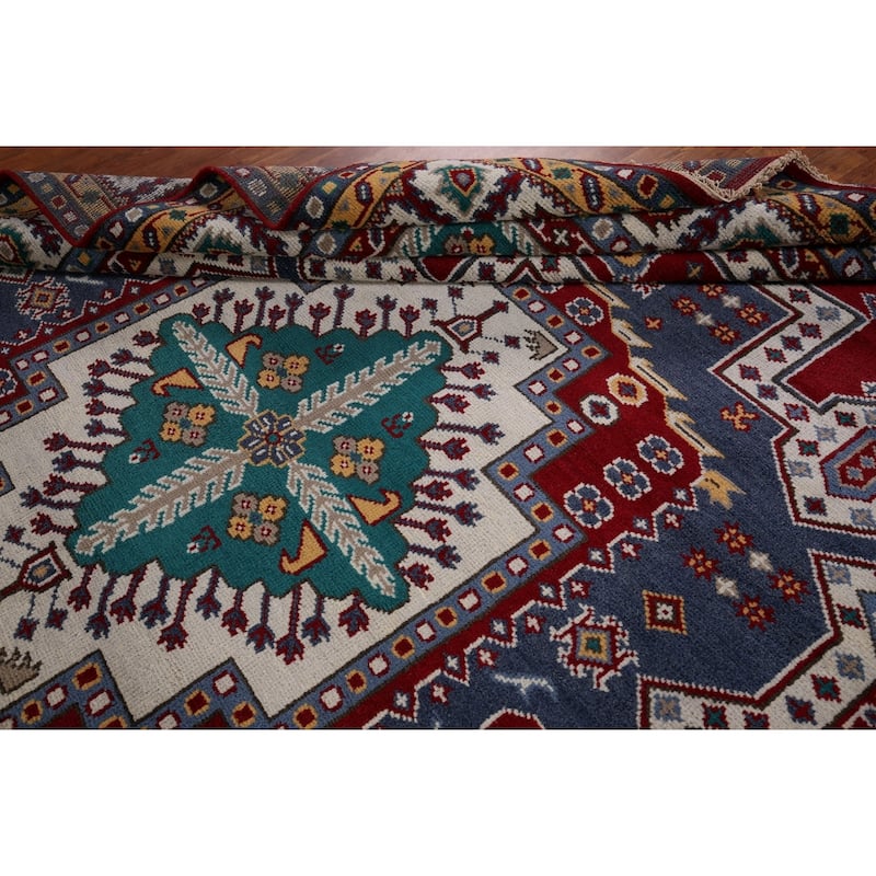 Geometric Kazak Area Rug Hand-Knotted Blue Oriental Wool Carpet - 8'10" x 11'8"