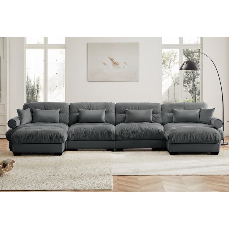 GDFStudio - Azura Vintage Velvet 4 Seater Sectional Sofa with 2 Movable Ottomans and Pillows