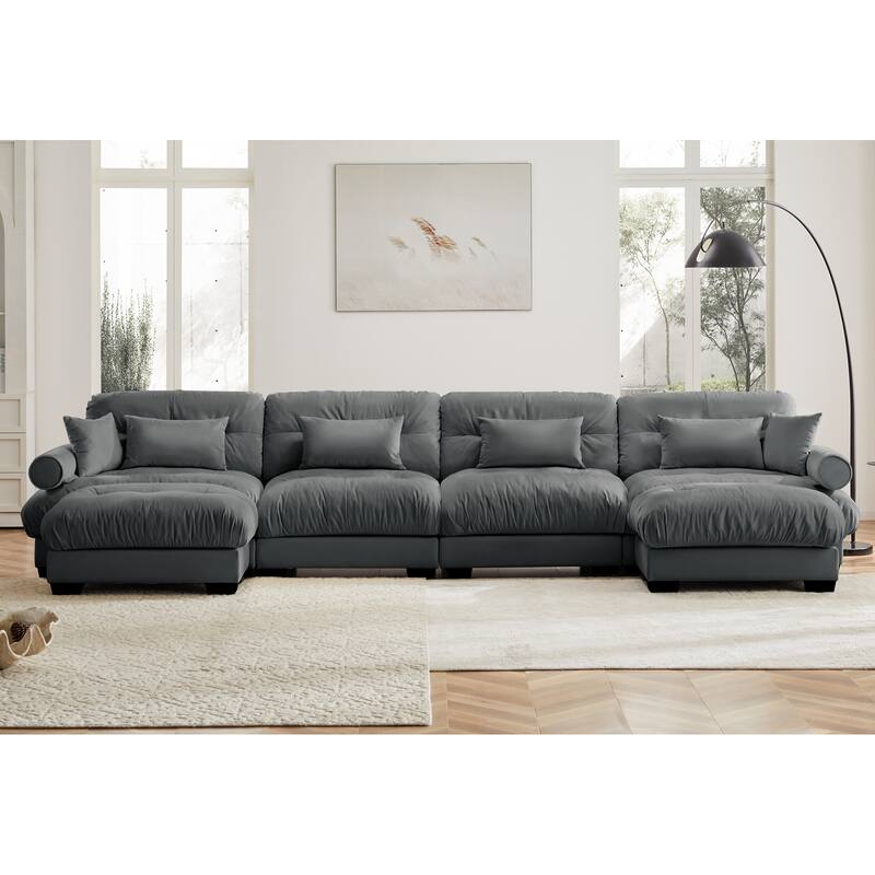 U-Shaped 4 Deep Seater Sectional Sofa with 2 Movable Ottomans & Pillows