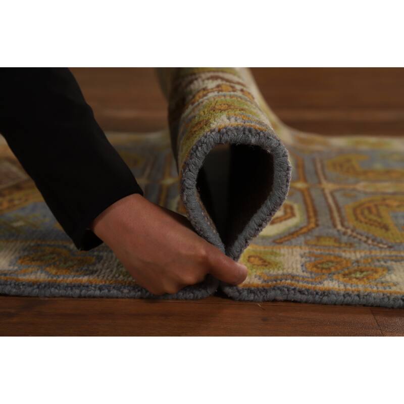 Hand Knotted Oriental 100% Wool Carpet Traditional Geometric Greys & Charcoal Kazak Runner Rug - 9' 10'' X 2' 6''