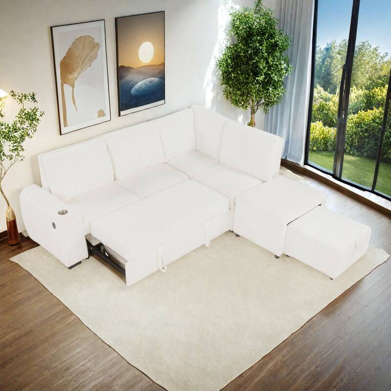 94" Convertible L-shaped Sectional Sofa with Pull-out Bed, Movable Ottoman and Stool, Storage, Cup Holder, and USB Ports - Creamy White