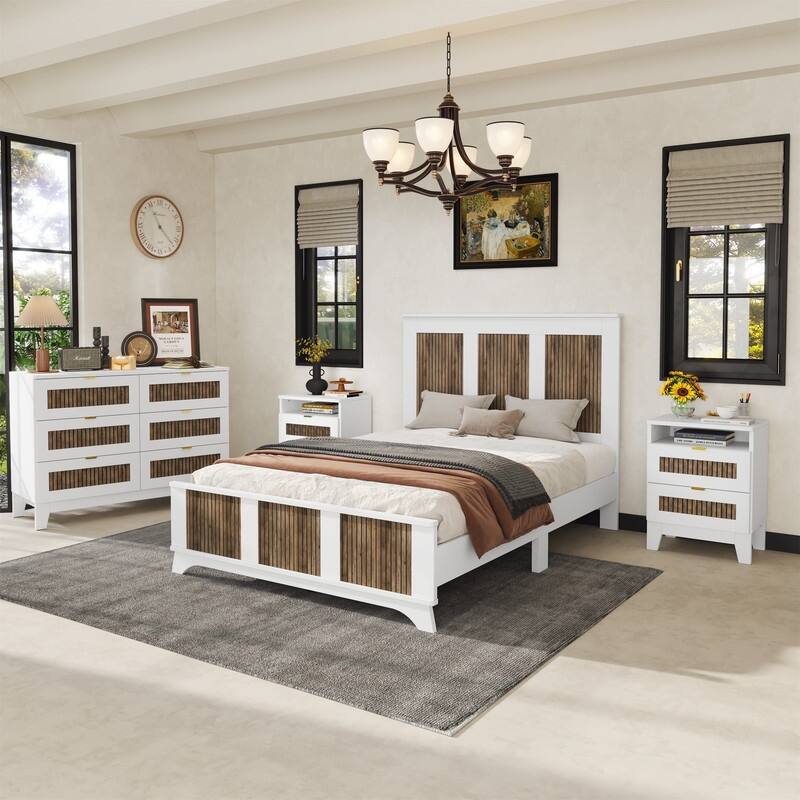 4-Pieces Bedroom Sets, Full/Queen Size Platform Bed with Wooden Strip Decoration, 2 Storage Nightstands and Dresser - White - Full
