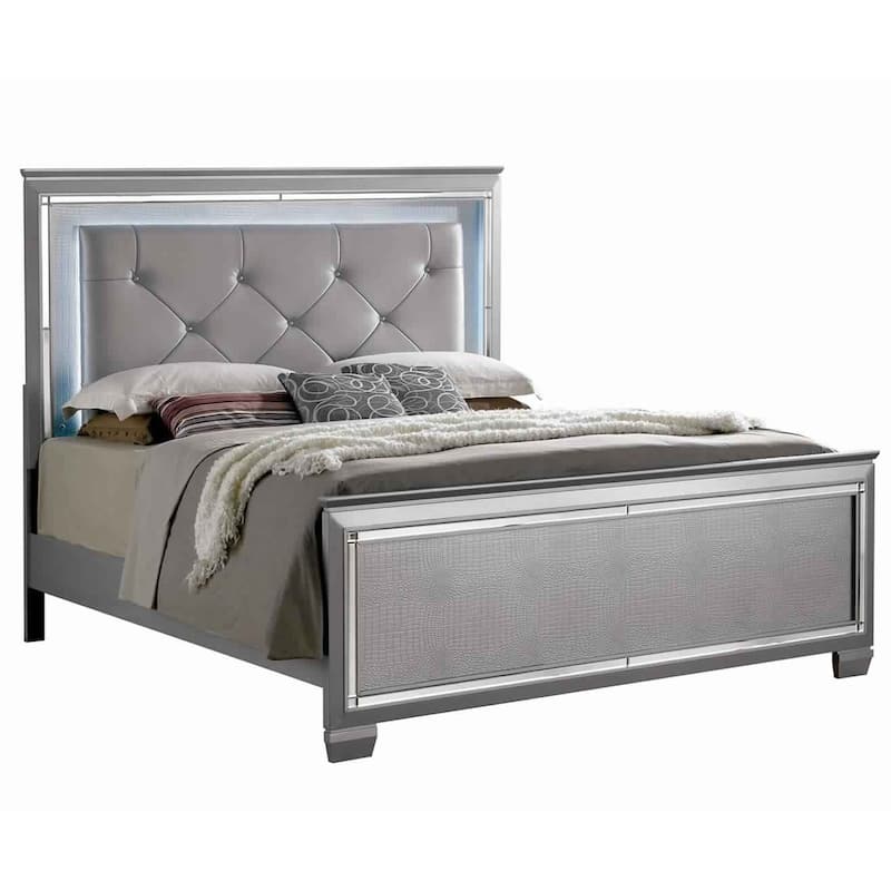 Textured Queen King Size Bed with Silver Trim Accents, Beige