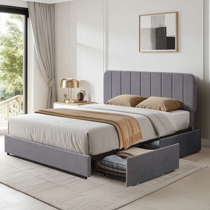 VECELO Bed Frame with 4 Storage Drawers Upholstered Platform Bedframe with Adjustable Headboard