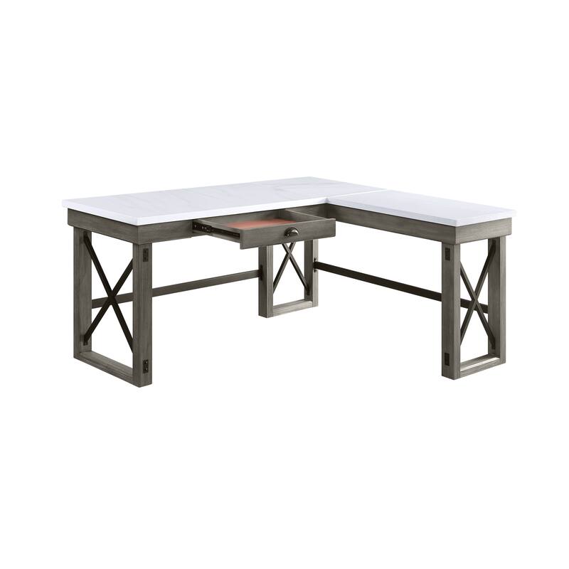 Elegant L-Shaped Writing Desk with Lift-Top Storage, Spacious Drawer & Marble Finish for Corner Workspaces
