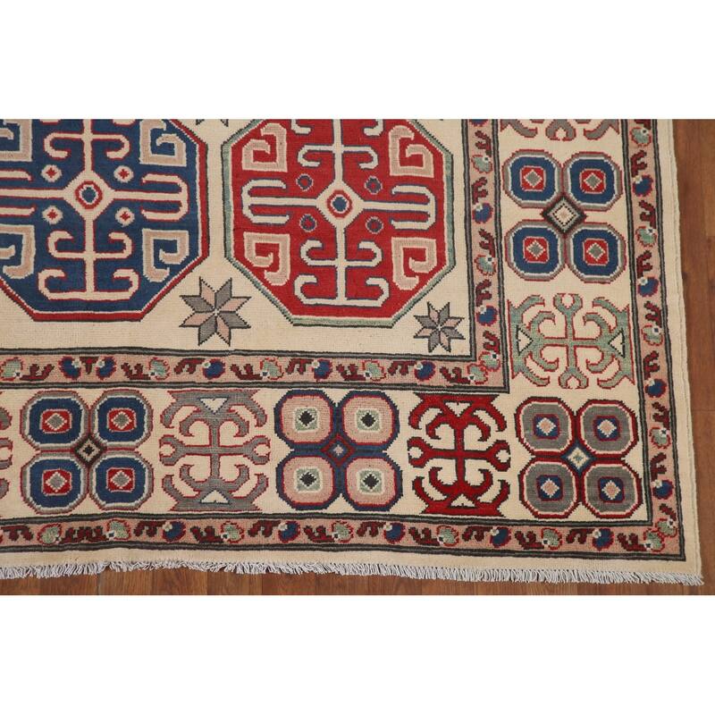 Hand Knotted Oriental 100% Wool Carpet Traditional All-Over Beige & Ivories Kazak Area Rug - 9' 7'' X 6' 6''