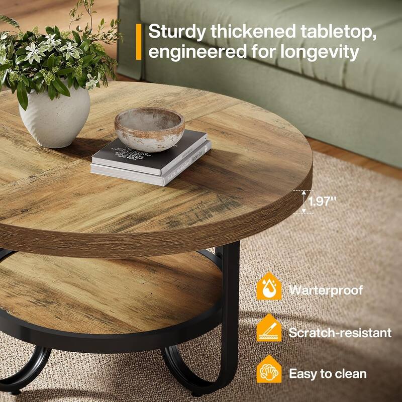31.1 Inches Brown MDF Round Coffee Table, 2-Tier Industrial Center Table for Living Room