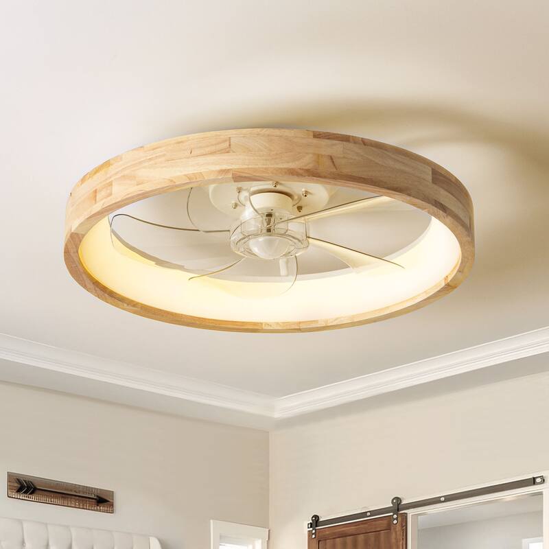 19.7" Modern Flush Mount Ceiling Fan with LED Light and Remote Control, Wooden Finish for Bedroom/Living Room - 5