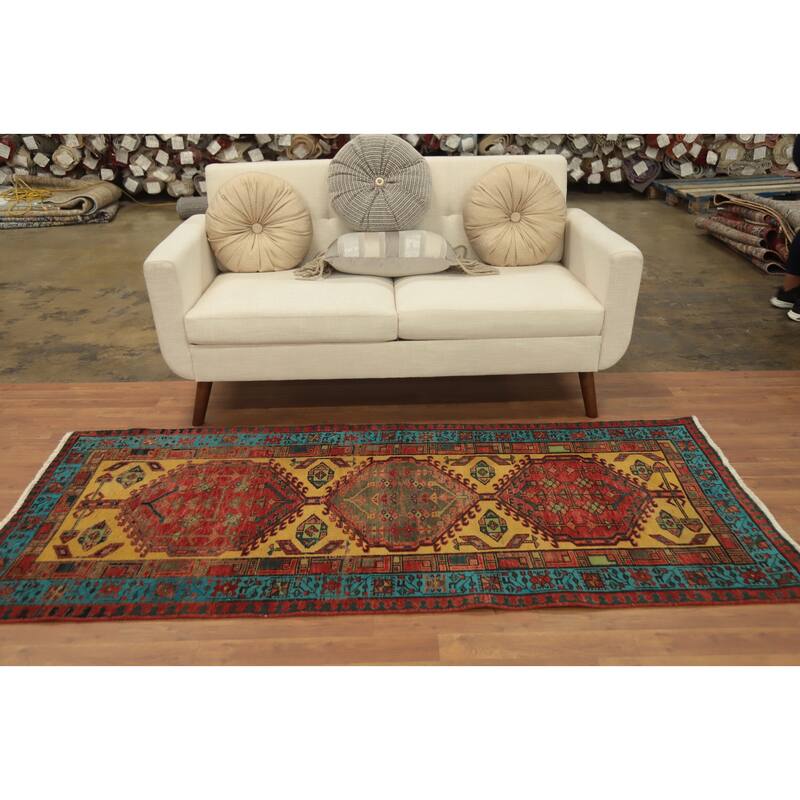 Hand Knotted Oriental 100% Wool Carpet Traditional Geometric Yellow & Gold Ardebil Runner Rug - 7' 1'' X 3' 2''