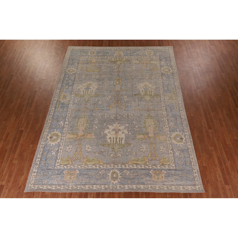 Vegetable Dye Oushak Turkish Area Rug Handmade Floral Grey Wool Carpet - 9'1" x 11'11"