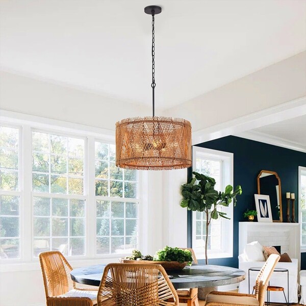 5 Light 22.5 in. Pendant Light with Rattan Double Layer Natural Bamboo Shade 21262