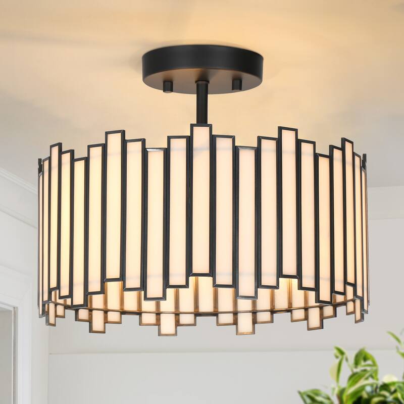 Tifany Modern Gold 3-Light Drum Glass Chandelier Semi-Flush Mount Ceiling Light