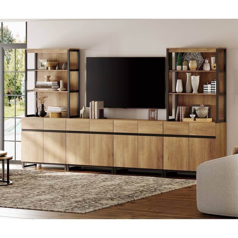 WAMPAT Modern TV Stand with 3 Tiers Bookshelf, Farmhouse Entertainment Center with 4 Large Storage Cabinets and Adjustable Shelf - Oak