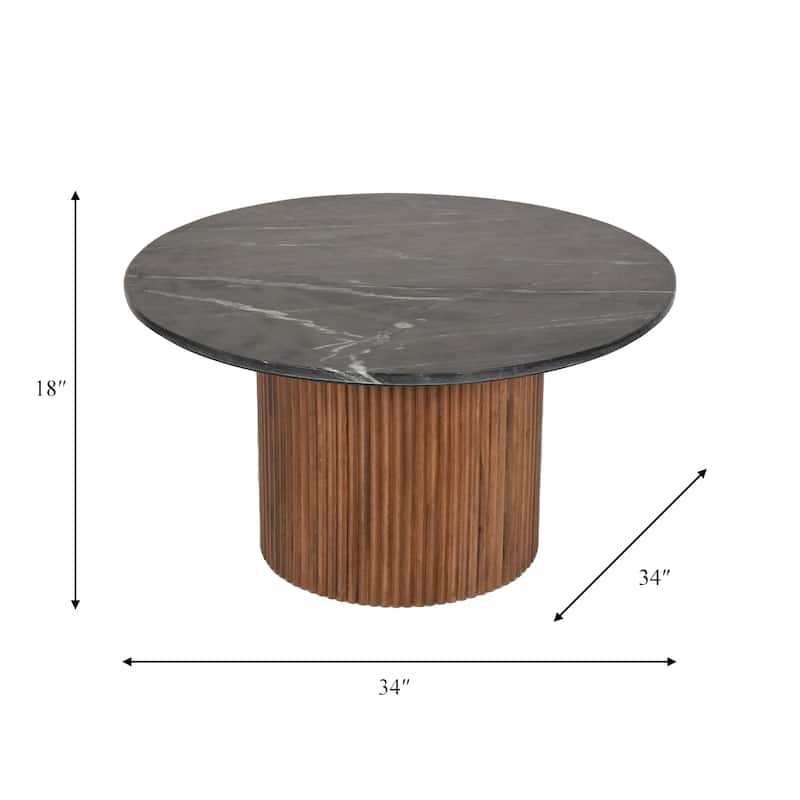 Sagebrook Home Mango Wood & Marble Accent Table with Reeded Base, MDF Support, and Contemporary Cylinder Design