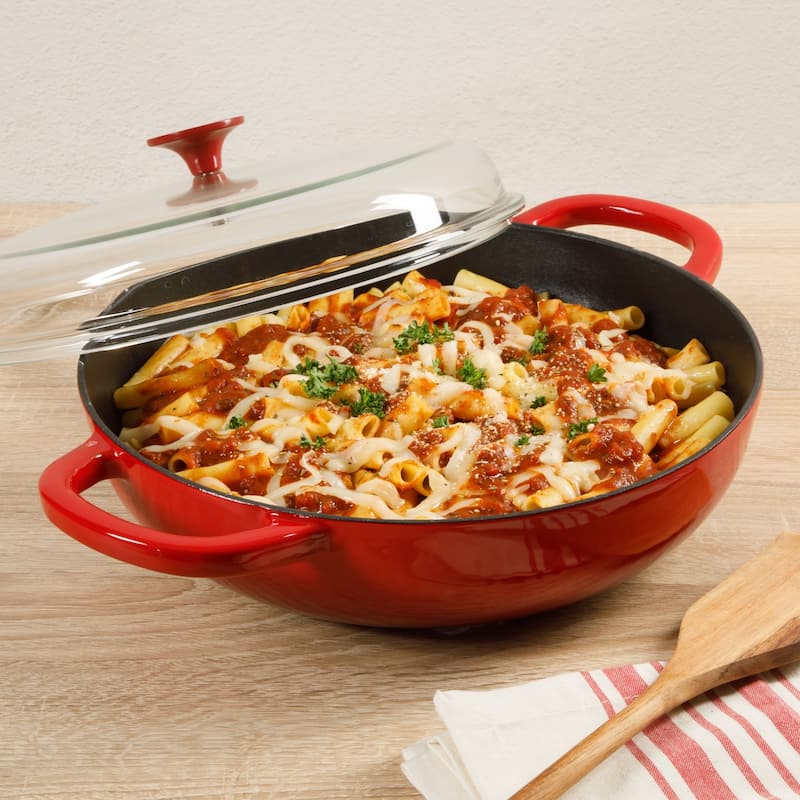 Crock Pot Artisan 5 Quart Cast Iron Braiser Everyday Pan With Borasilicate Lid - Red