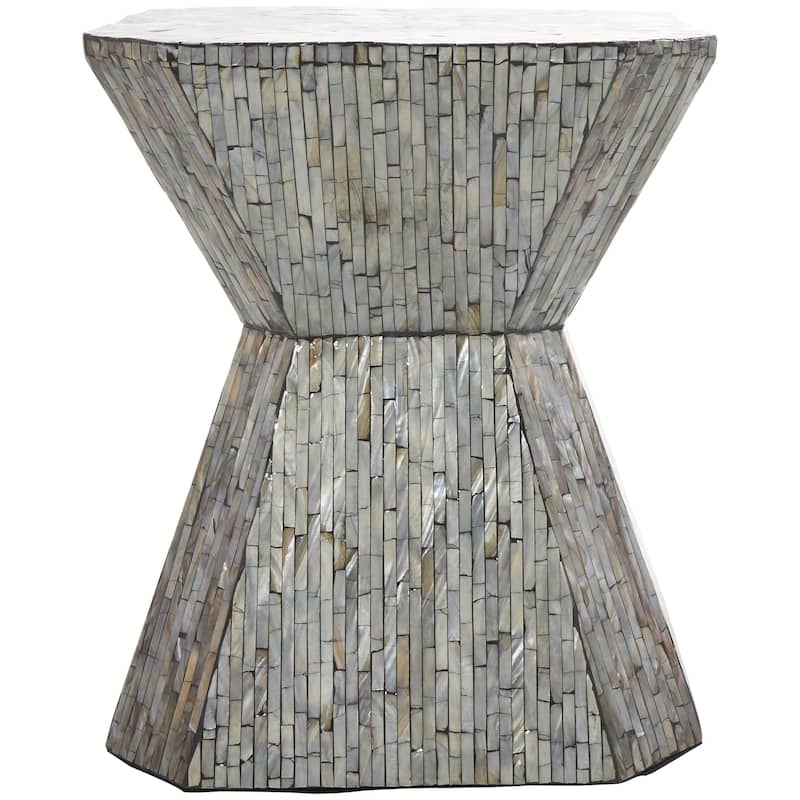Mother of Pearl Shell Geometric Handmade Hourglass Side End Accent Table with Linear Mosaic Pattern - Gray - Roche River Decor