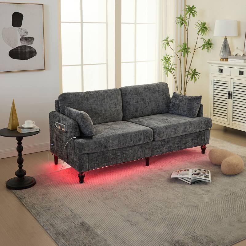 Modern Style Chenille 2-Seater Wood-Legged Sofa With Led Light,USB Charging Port And Storage Bag Living Room Bedroom Study Room
