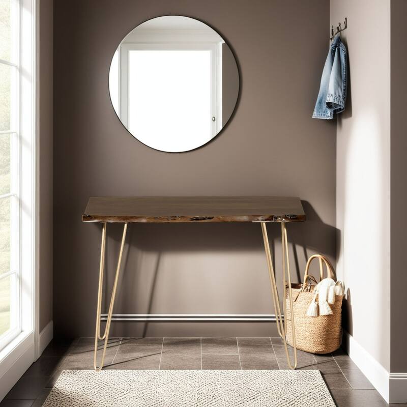 Wooden Top Console Table - 40" - Brown and Gold