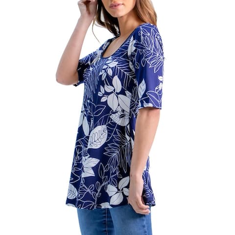 24seven Comfort Apparel Navy Floral Elbow Sleeve Flared Tunic Top, R004204NVN, Made in USA