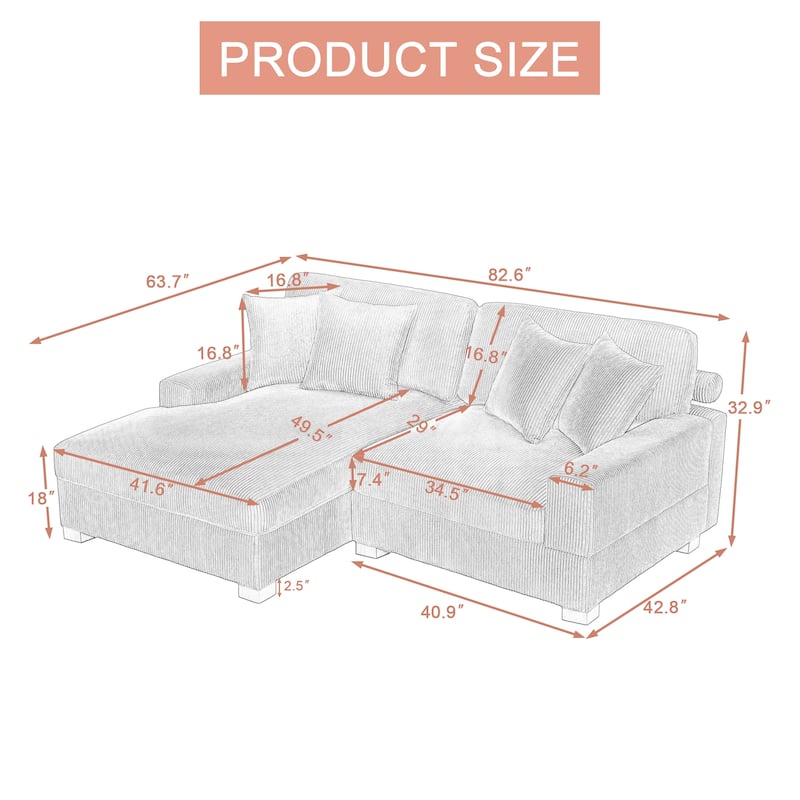 Modern L-Shaped Corduroy Modular Sectional Couch Sofa with Pillows