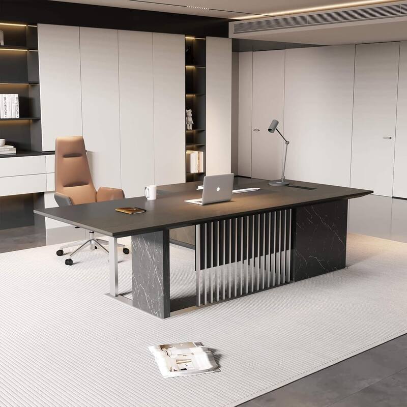 WESOME 86.6inch Large L Shaped Executive Desk with Power Outlet Wireless Charging - 86.6" - Black Left Return